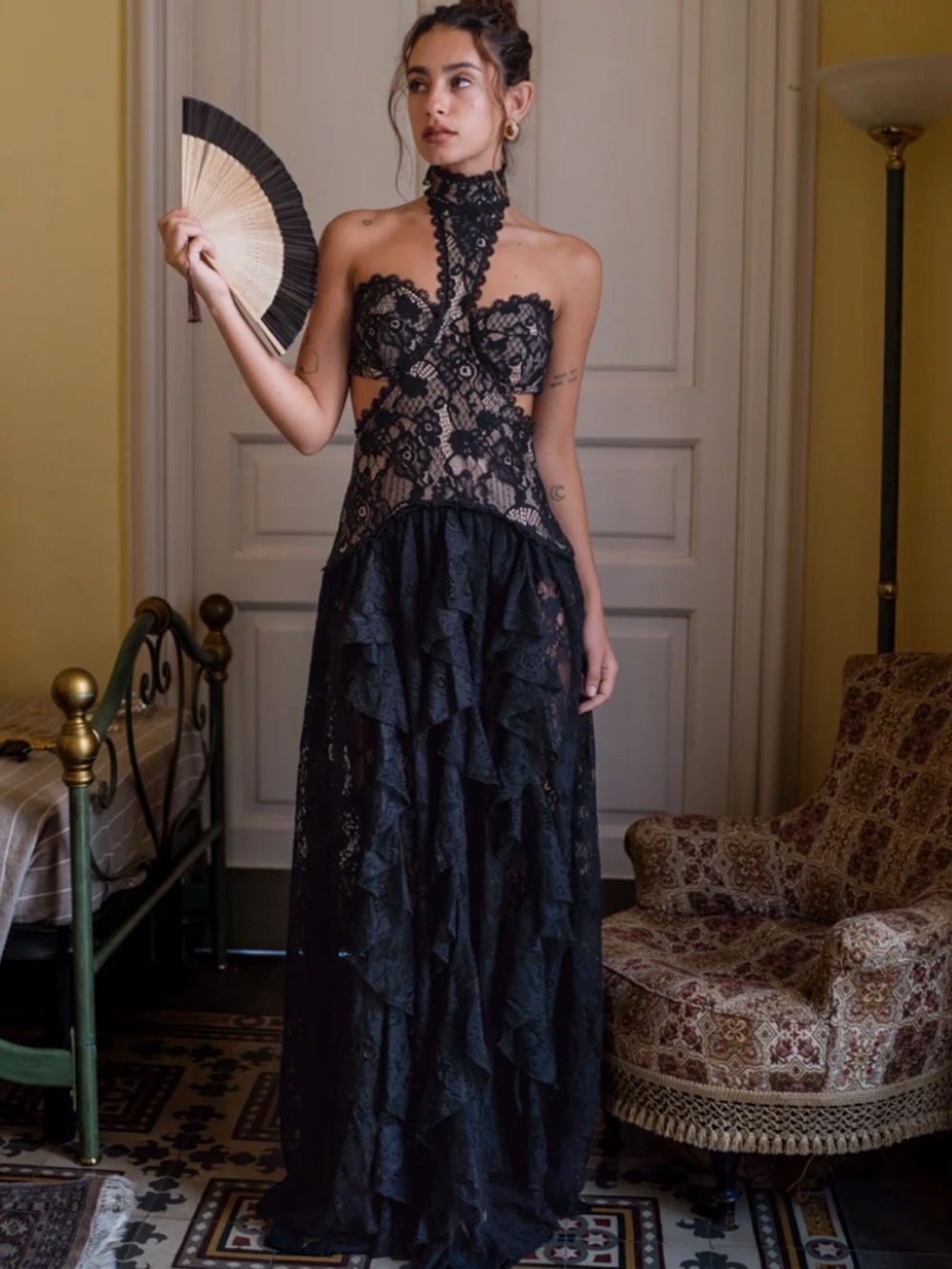 12th Tribe Princessa black drop waist ruffle maxi dress